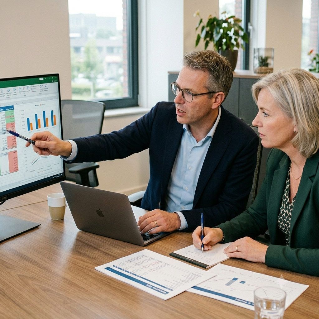 Twee collega's bekijken een staafdiagram op een computerscherm in een modern kantoor.
