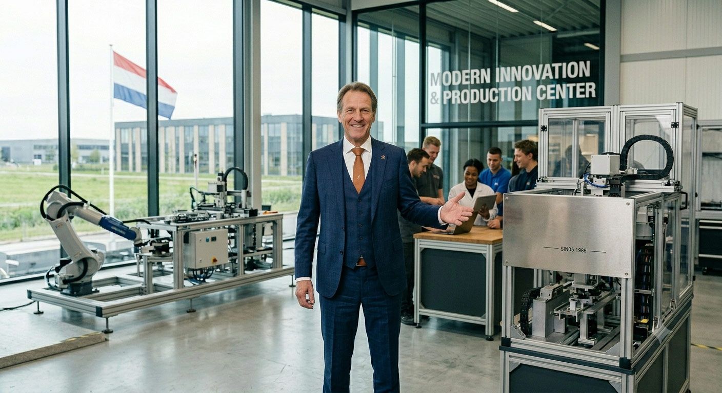 Een zakenman in pak staat in een modern laboratorium met industriële apparatuur, met collega's die achter hem zitten.