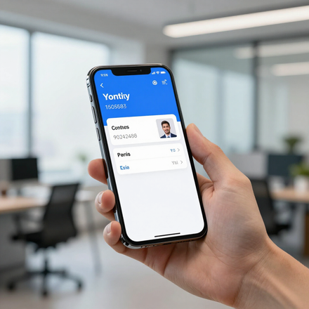 Hand die een smartphone vasthoudt waarop een contactprofiel te zien is in een wazige kantooromgeving.