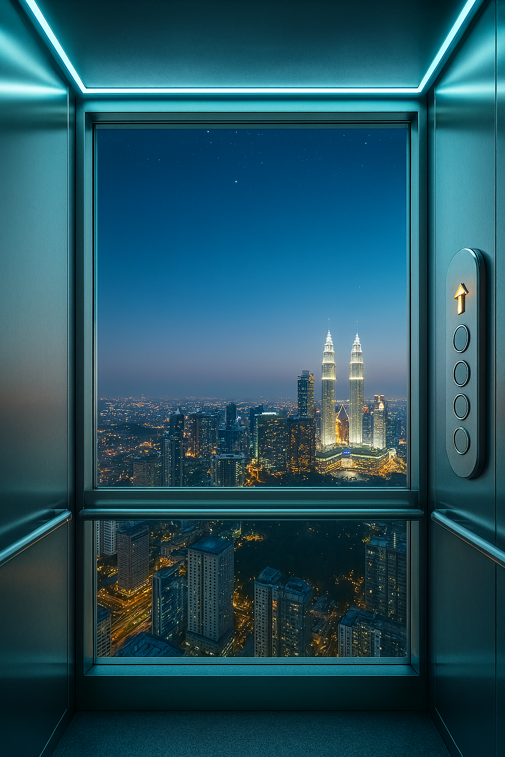 Ein Aufzug mit Blick auf eine Stadt bei Nacht