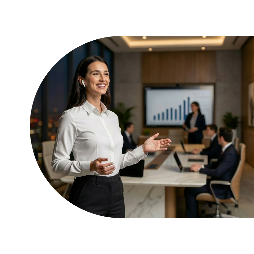 Eine Frau in weißem Hemd präsentiert in einem modernen Konferenzraum; Kollegen schauen zu.