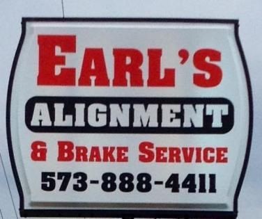 Sign for Earl's Alignment & Brake Service with red and black text, phone number, and a white and black background.