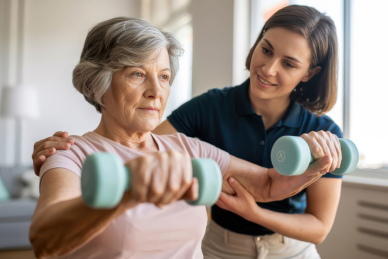 A physical therapist assists an elderly woman with light weight training.