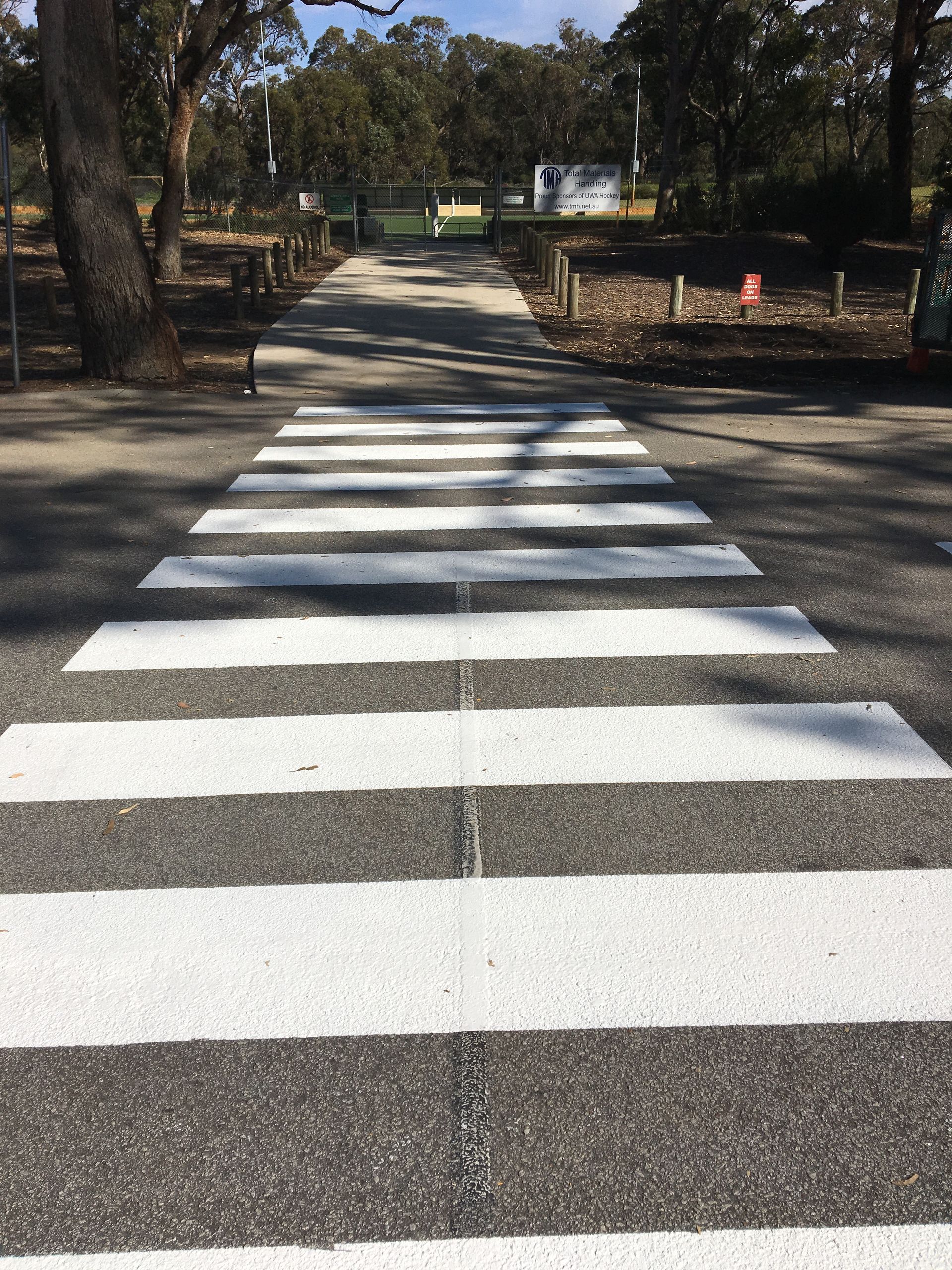 Crosswalk on asphalt road with trees in the background.