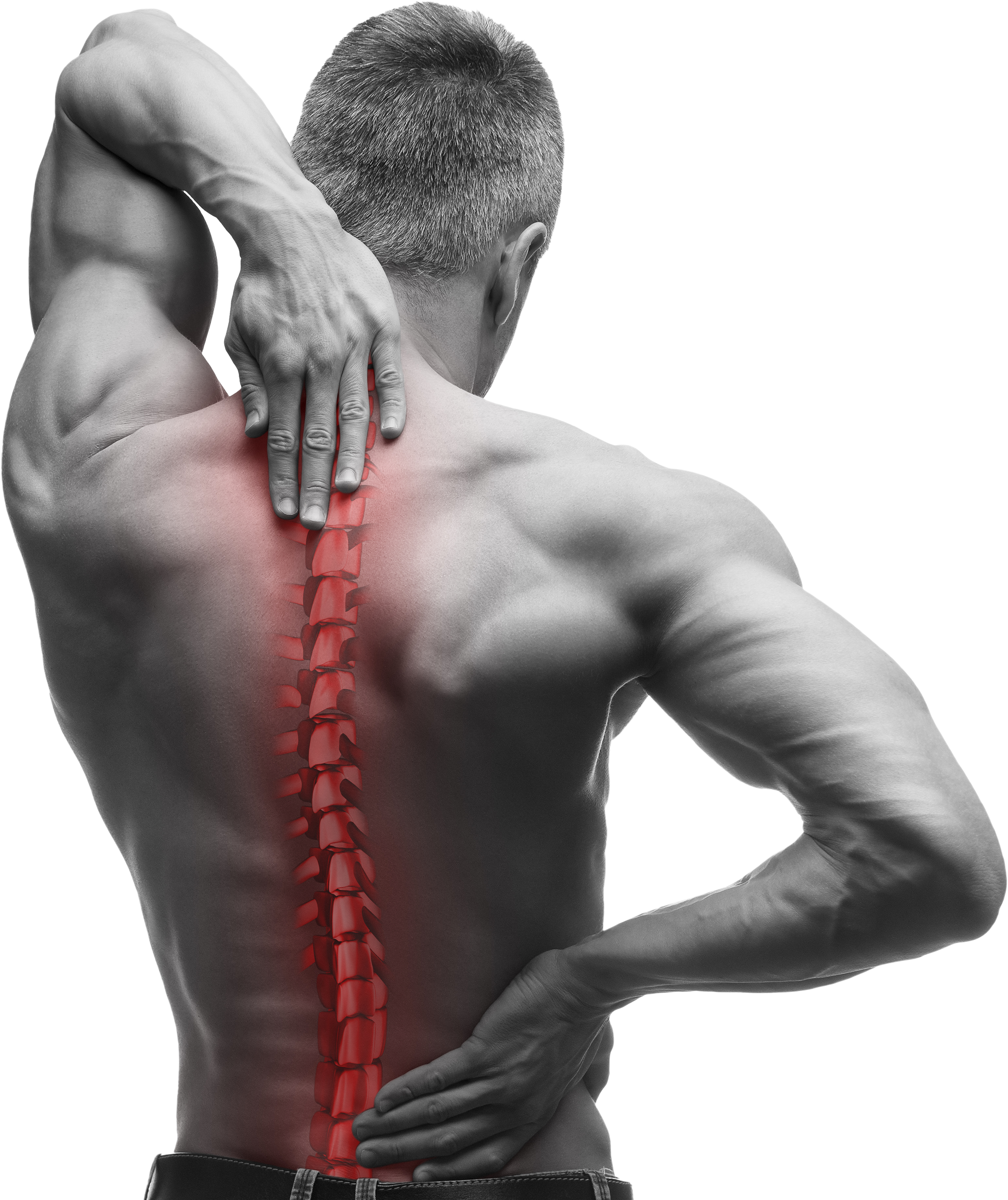 Man holding back, spine highlighted red, indicating pain.