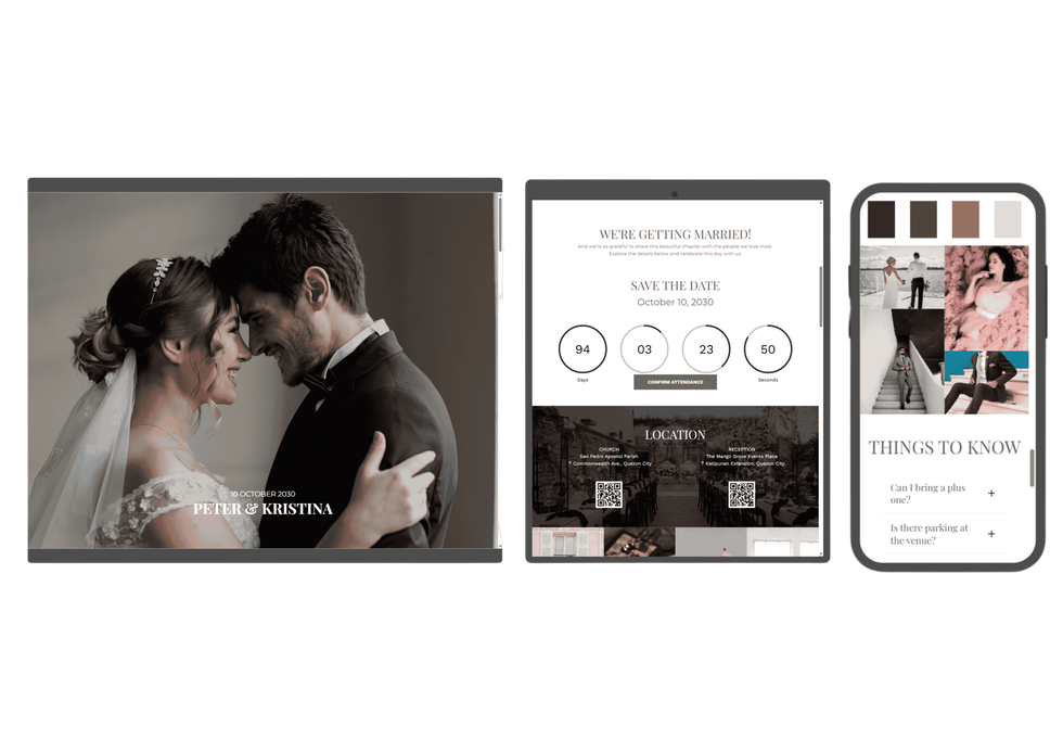 A bride and groom are dancing in front of a tablet and a cell phone.