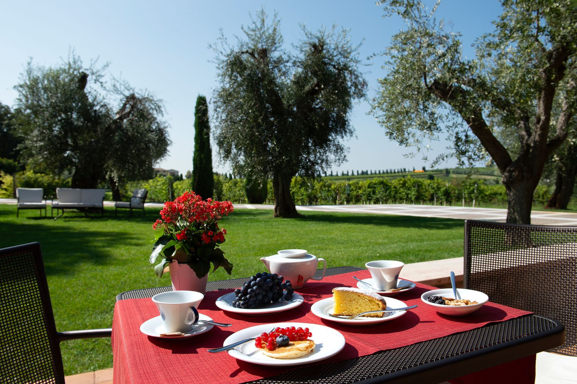 Tavolo per la colazione all'aperto con caffè, pasticcini, fiori e vista sul giardino sotto un cielo soleggiato.
