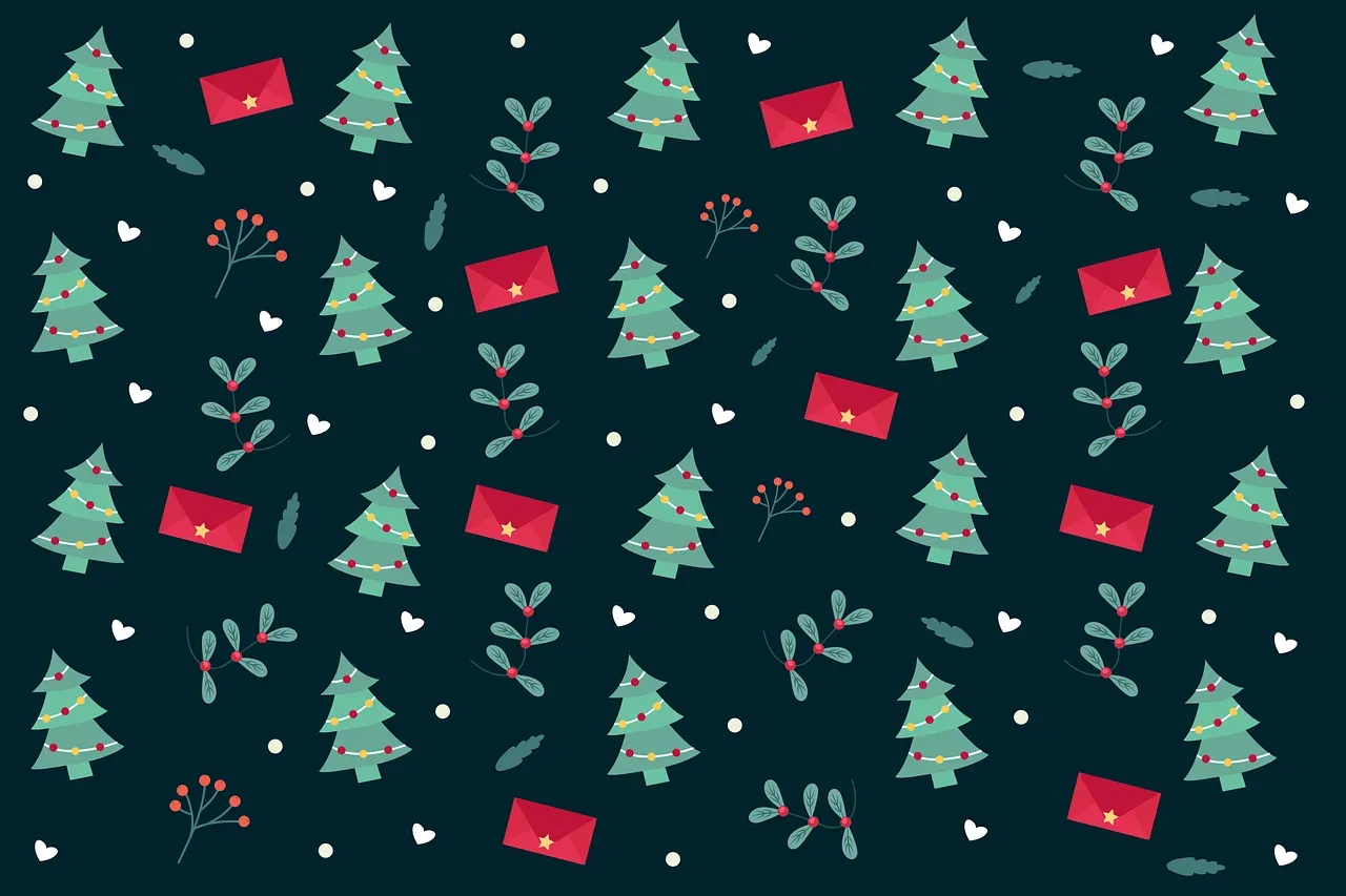 Motivo festivo con alberi di Natale, bastoncini di zucchero, scatole regalo rosse e fiocchi di neve che cadono su sfondo verde acqua scuro.