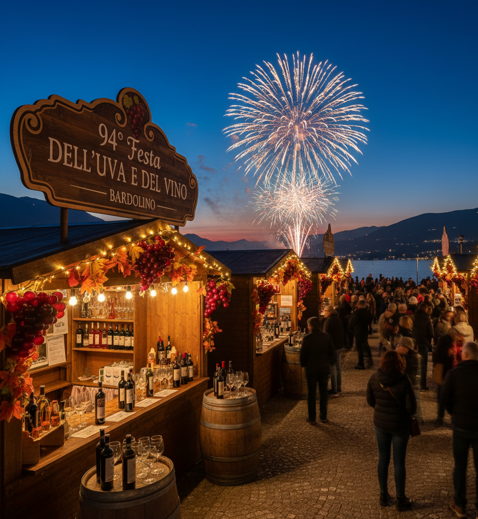 Festa serale del vino con bancarelle illuminate, folla e fuochi d'artificio su una cittadina costiera.