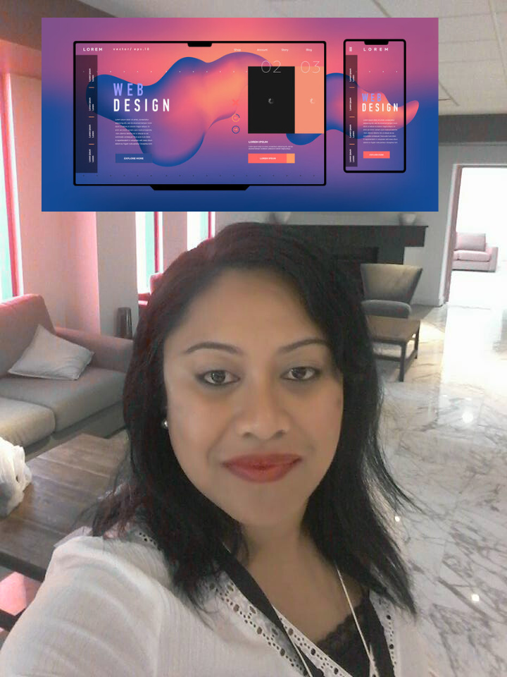 A woman taking a selfie in front of a screen that says new design