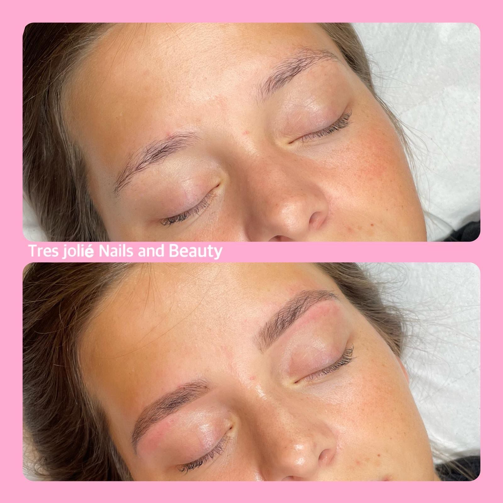 Een voor- en nafoto van de wenkbrauwen van een vrouw door tres joie nails and beauty
