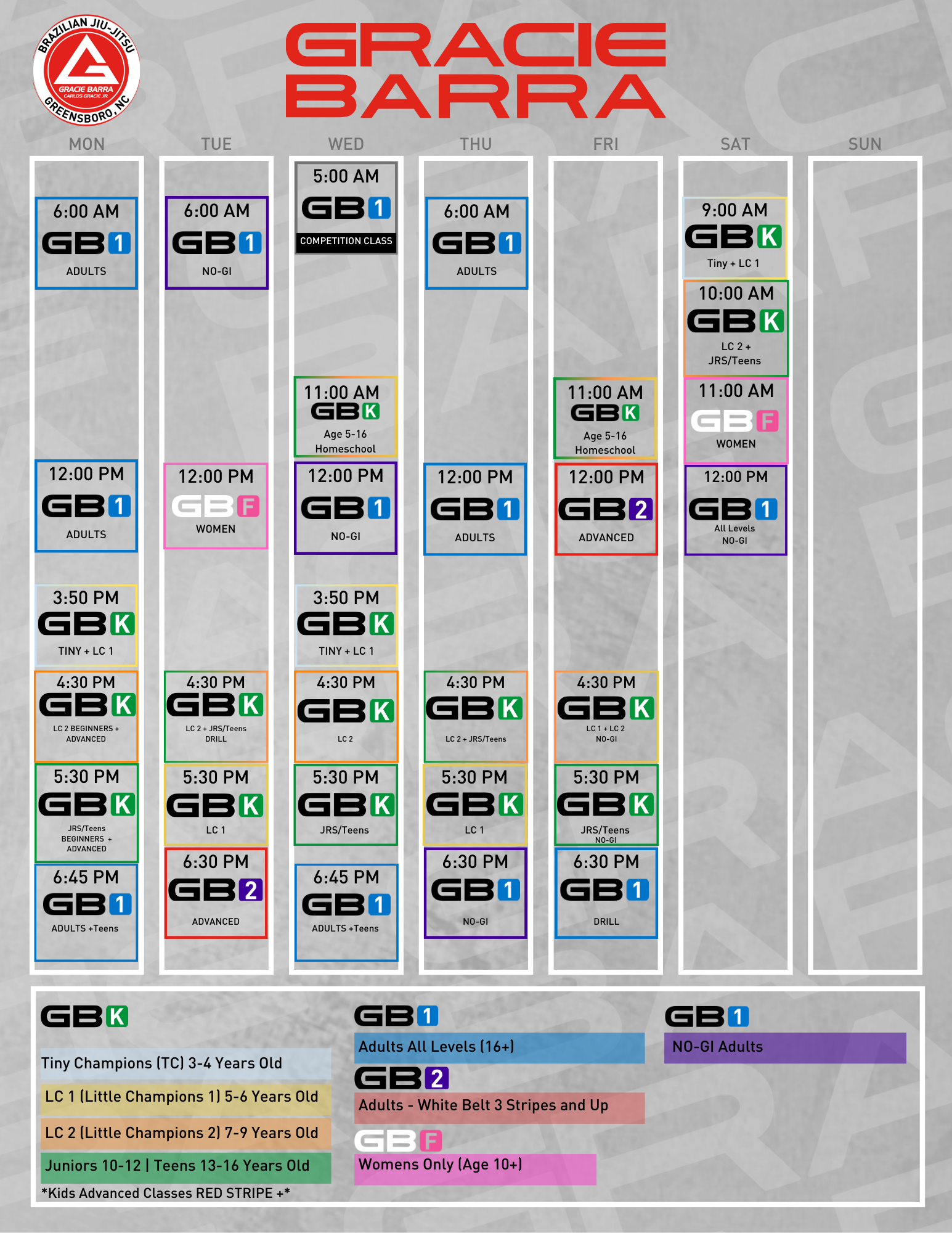Gracie Barra Greensboro Brazilian Jiu Jitsu and Self Defense's classes schedule