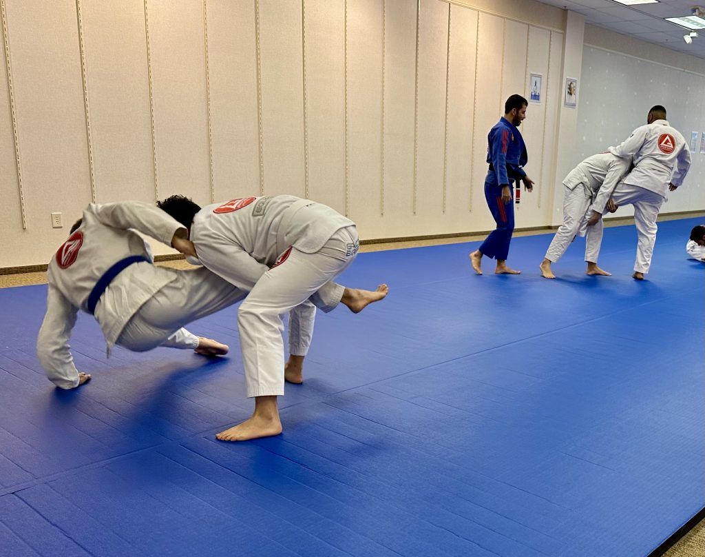 A group of people are practicing martial arts on a blue mat.