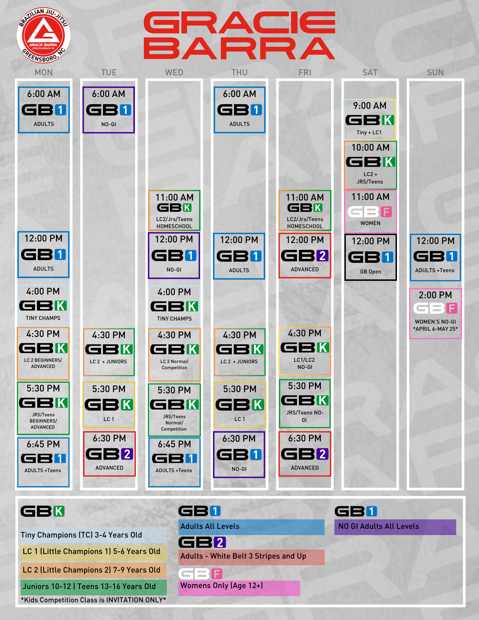 Gracie Barra Greensboro Brazilian Jiu Jitsu and Self Defense's classes schedule
