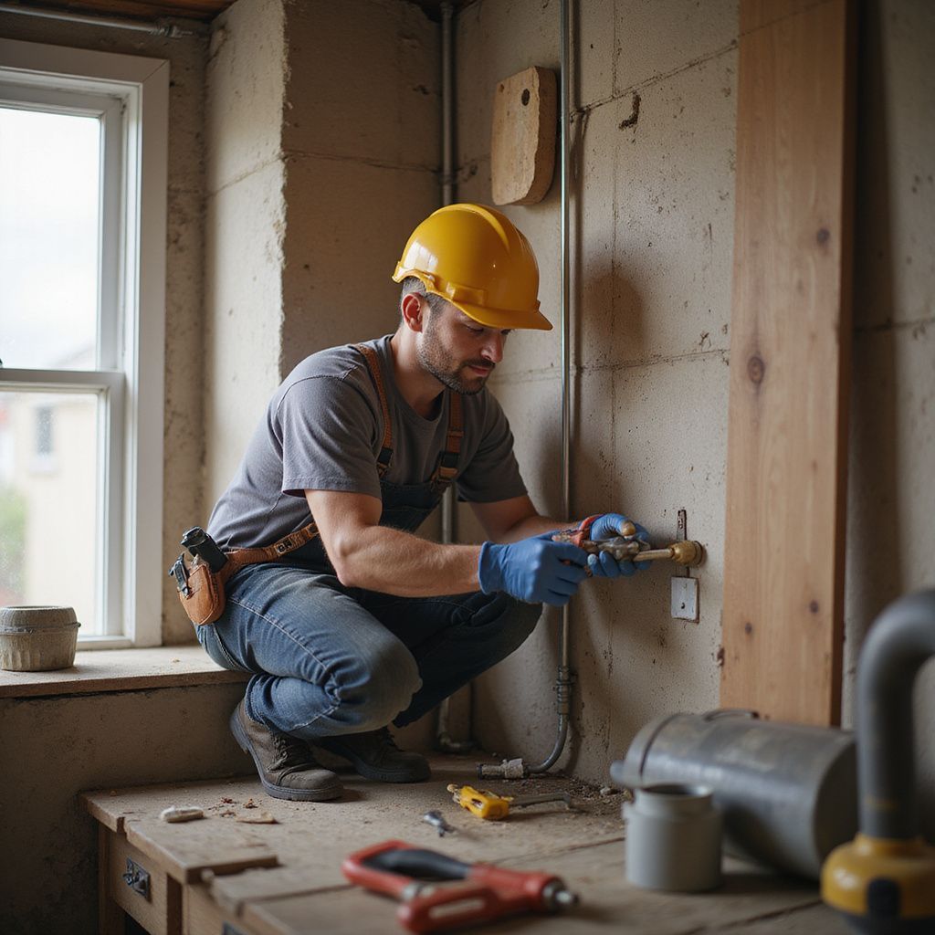 A person in a yellow hard hat and gloves works on plumbing pipes near a window.
