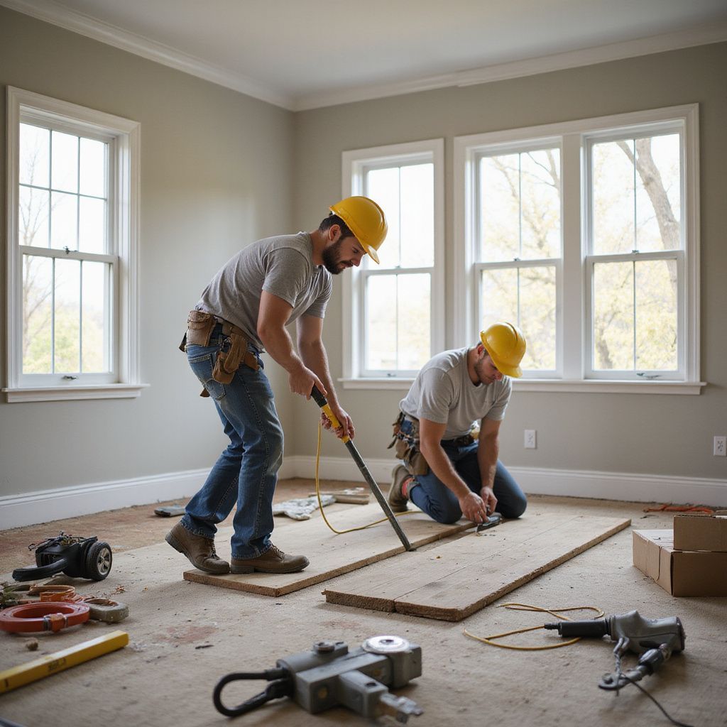 Two construction workers in a room with windows are working with boards. They are wearing hard hats and using tools.
