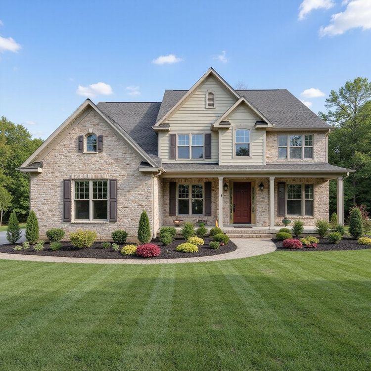 Two-story brick house with a porch, surrounded by a landscaped yard and a blue sky.