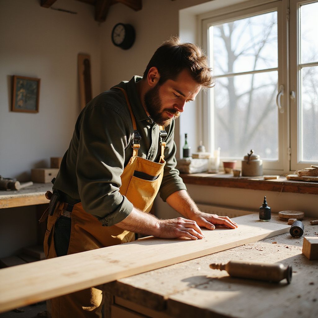 A man in a workshop, working on a wooden plank with a concentrated expression, wearing a work apron.