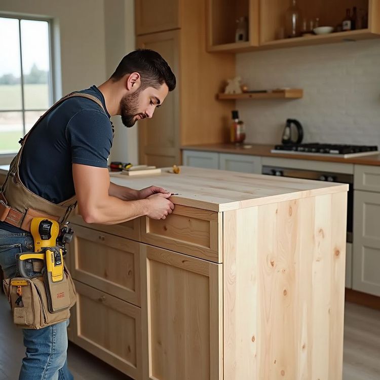A carpenter working on a wooden kitchen island with a tool belt. Interior kitchen with cabinets in the background.