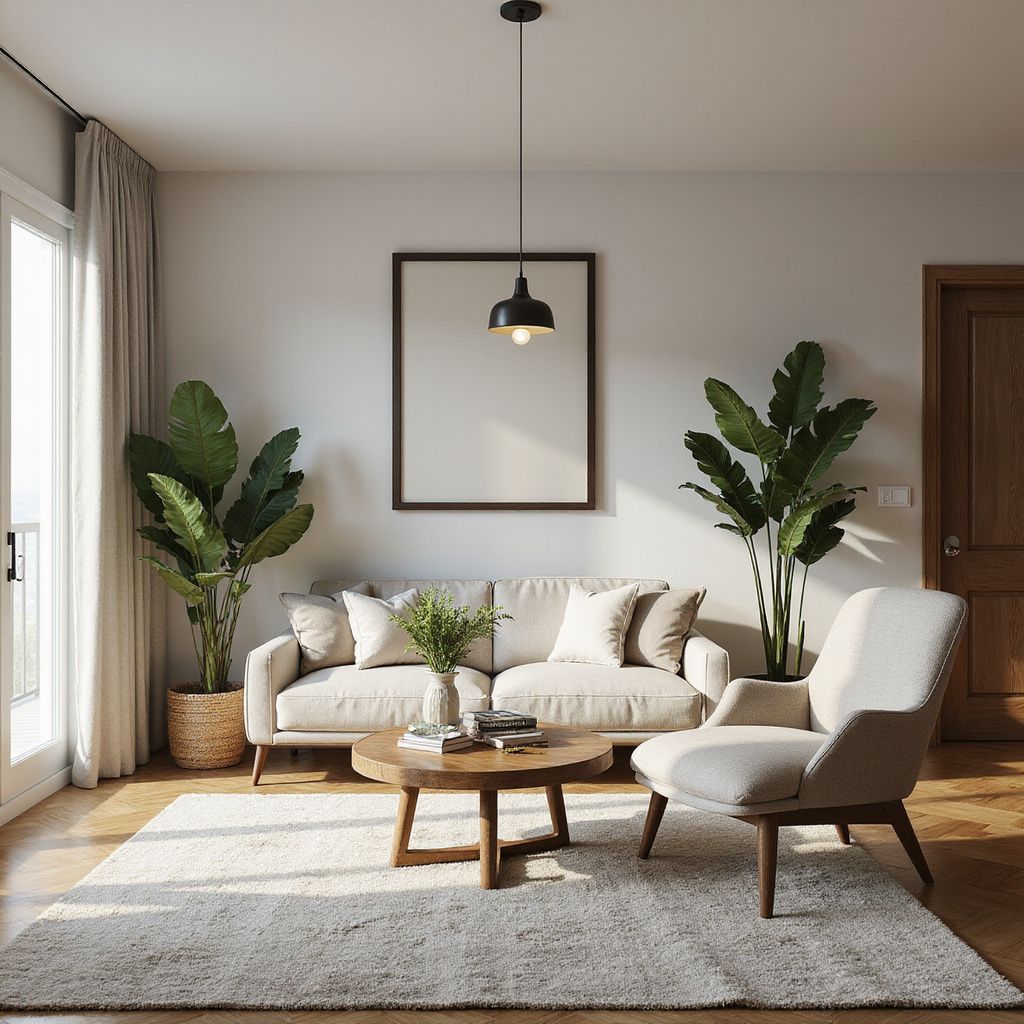 Living room with beige sofa, armchair, coffee table, rug, plants, and a framed art piece.