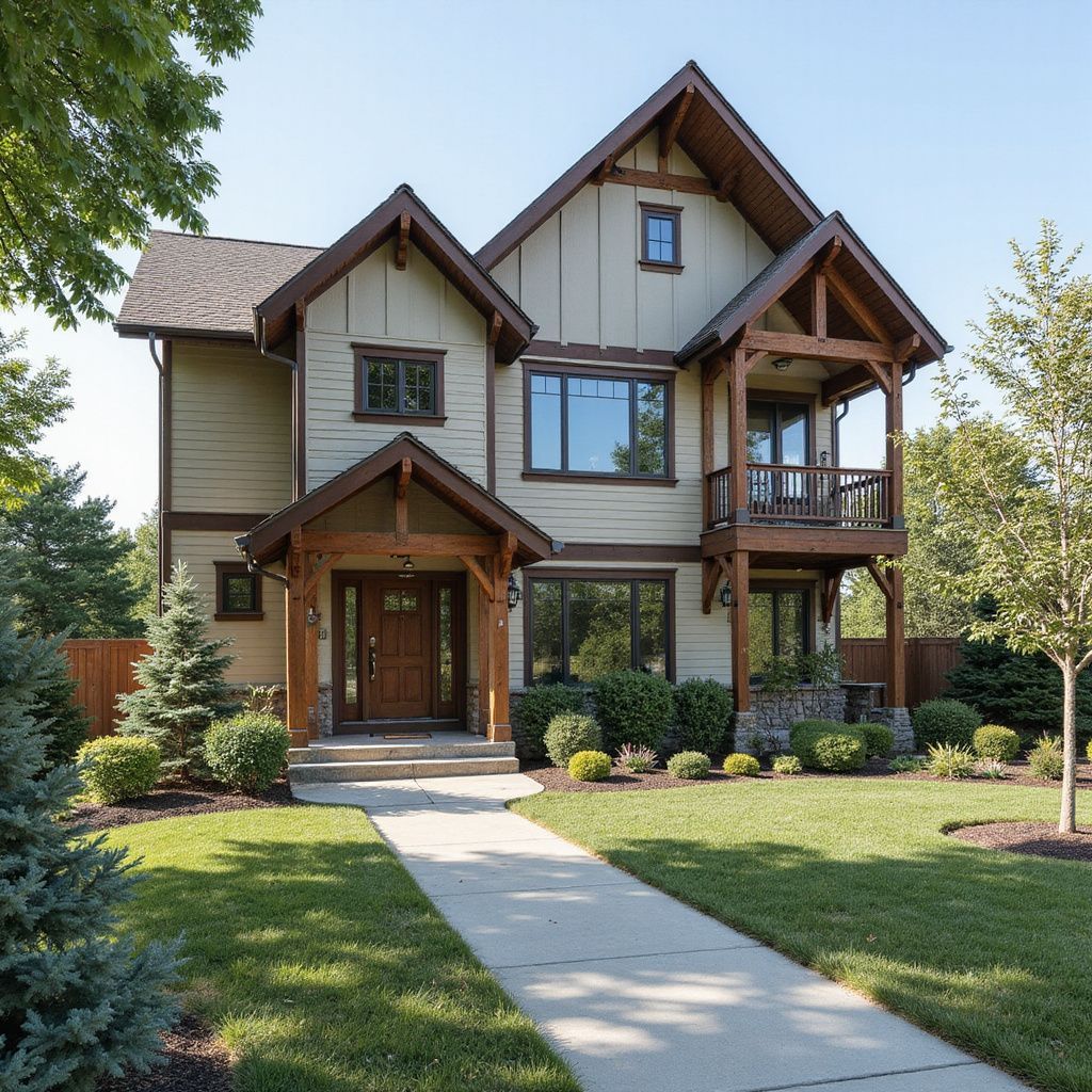 Two-story house with green siding, brown trim, porch, and balcony; walkway leads to the front door.
