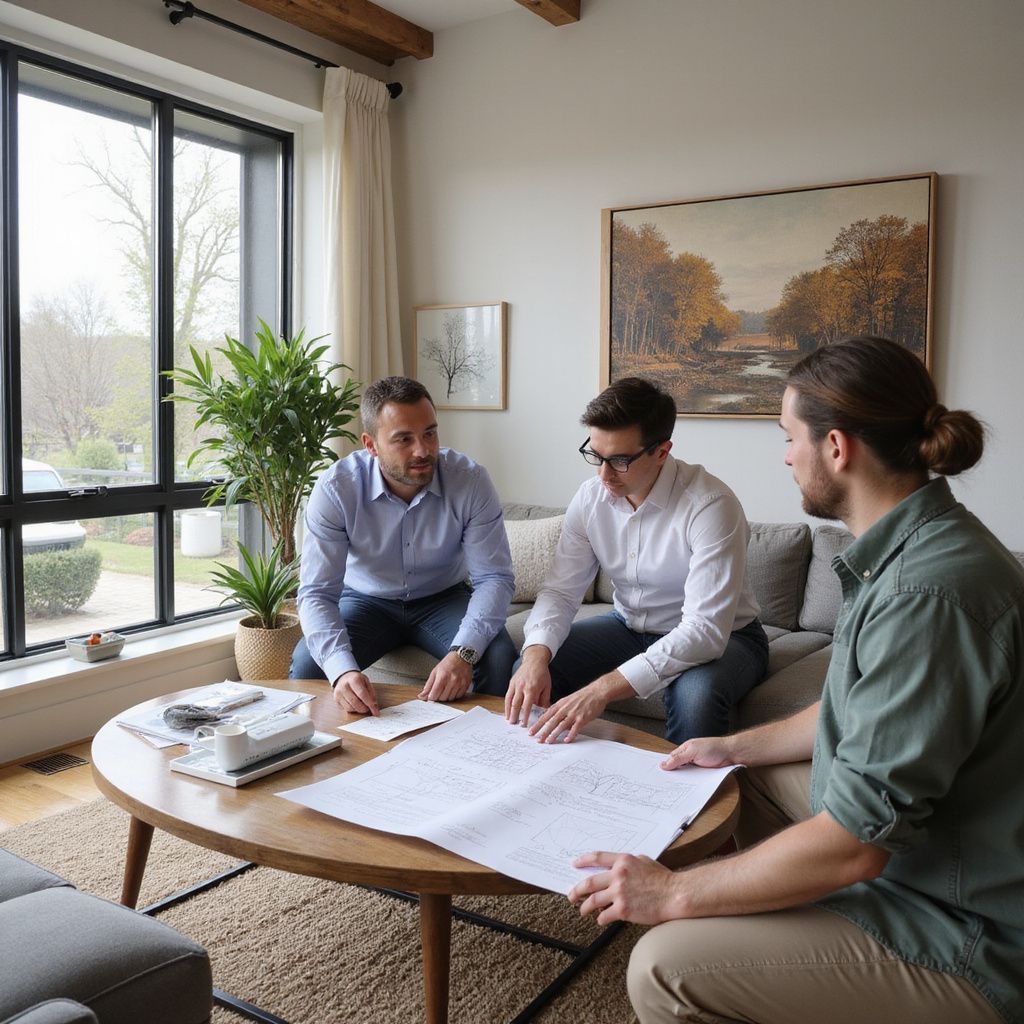 Three people reviewing blueprints in a bright living room, seated around a wooden table.