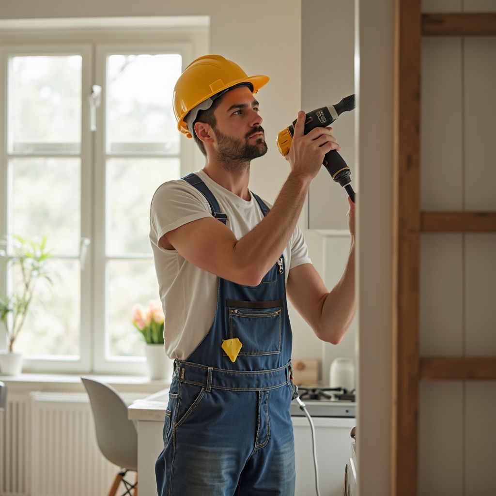 Construction worker using a power drill on a wall indoors, wearing a yellow hard hat and overalls.