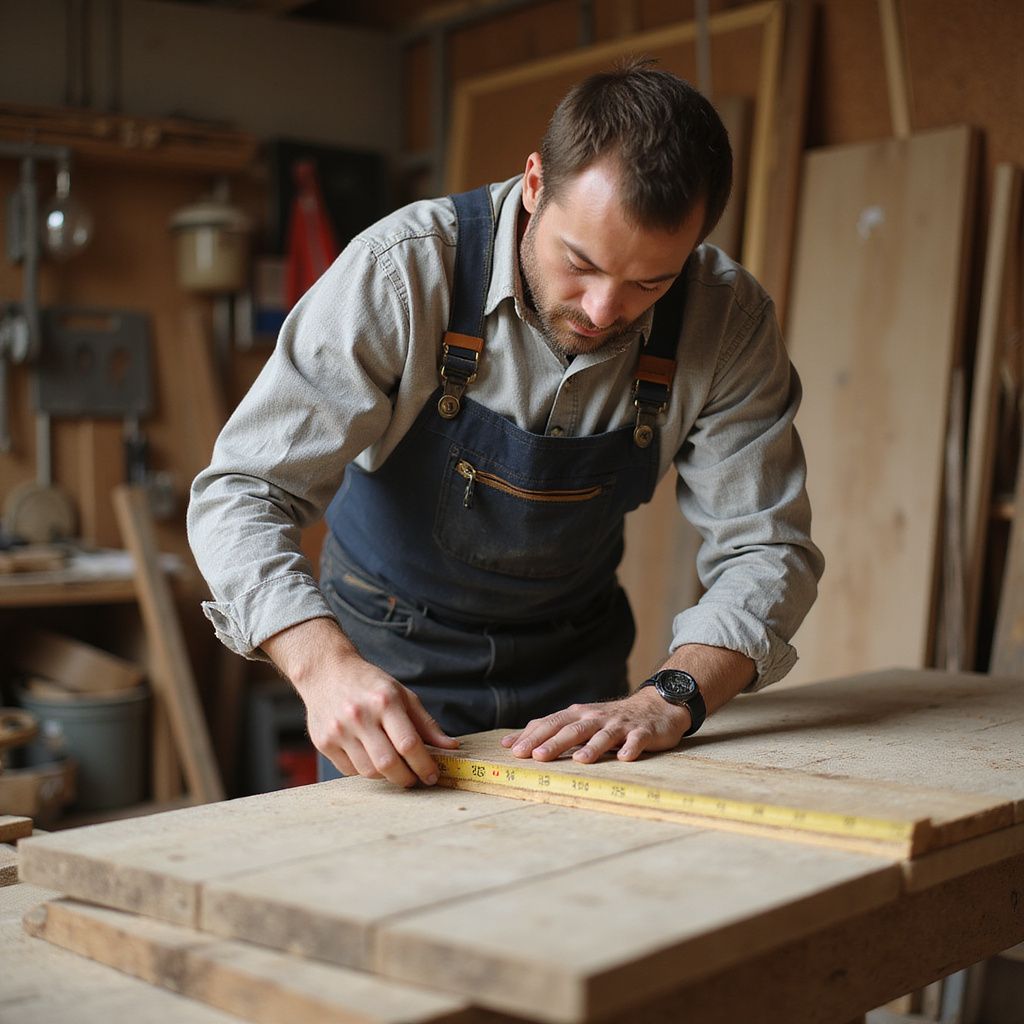Carpenter in blue apron measures wood plank with a tape measure in a workshop.