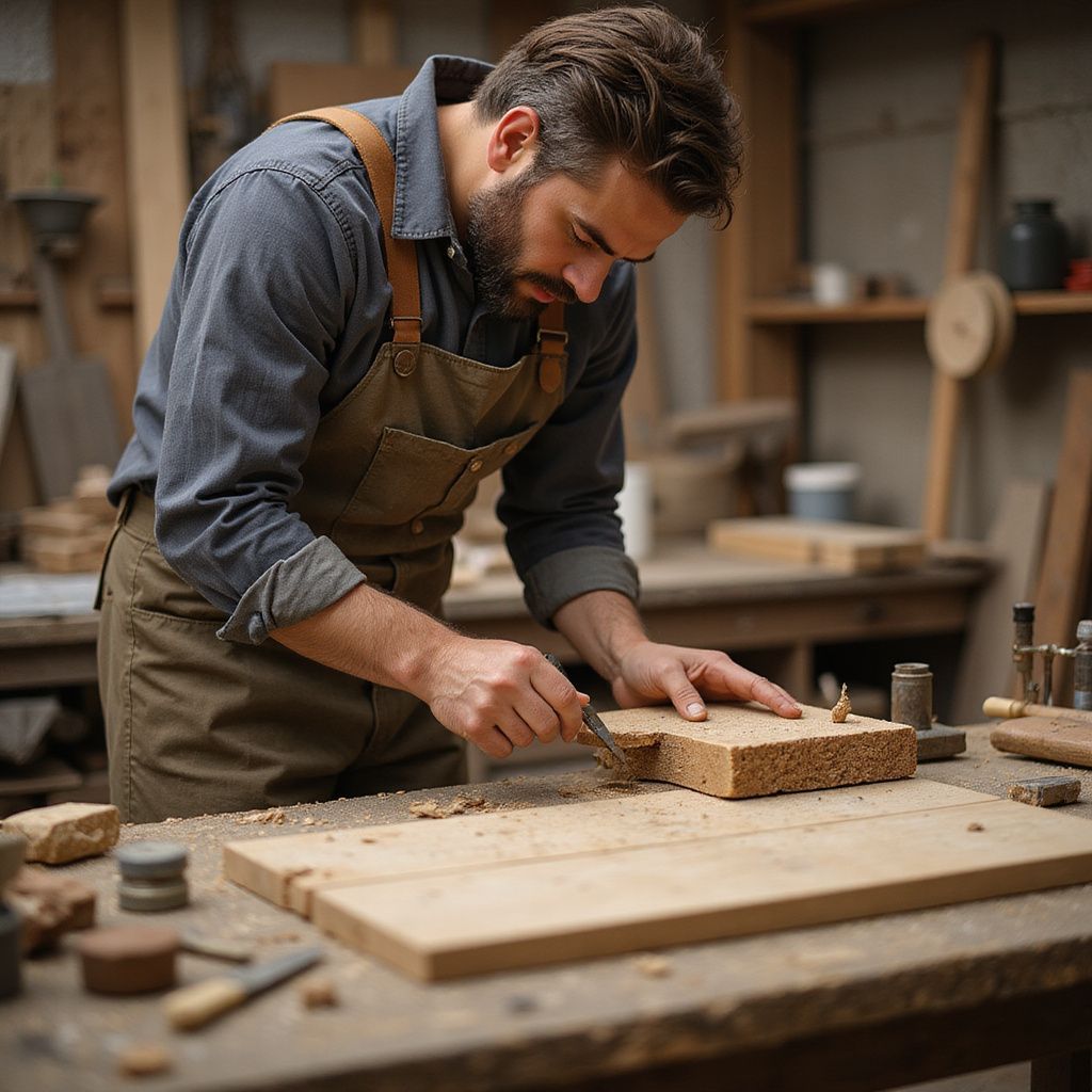 Carpenter carving wood at a workbench in a workshop; wearing an apron and blue shirt.