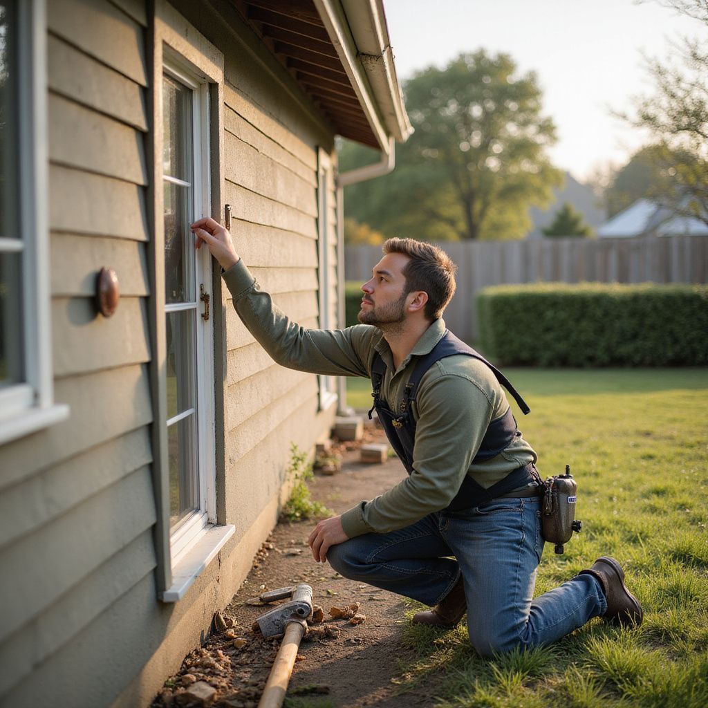 A person kneels near a house, examining a window. They wear work clothes and a tool belt, outdoors.