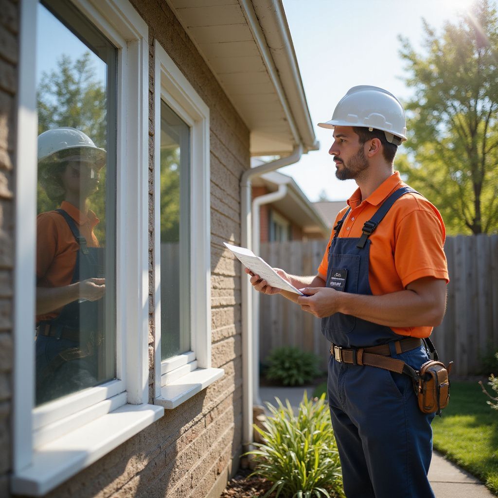 Man in hard hat and overalls inspects house window, holding papers. Outdoors, sunny day.