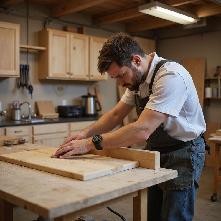 A man in a workshop cutting wood at a table saw. He wears an apron.