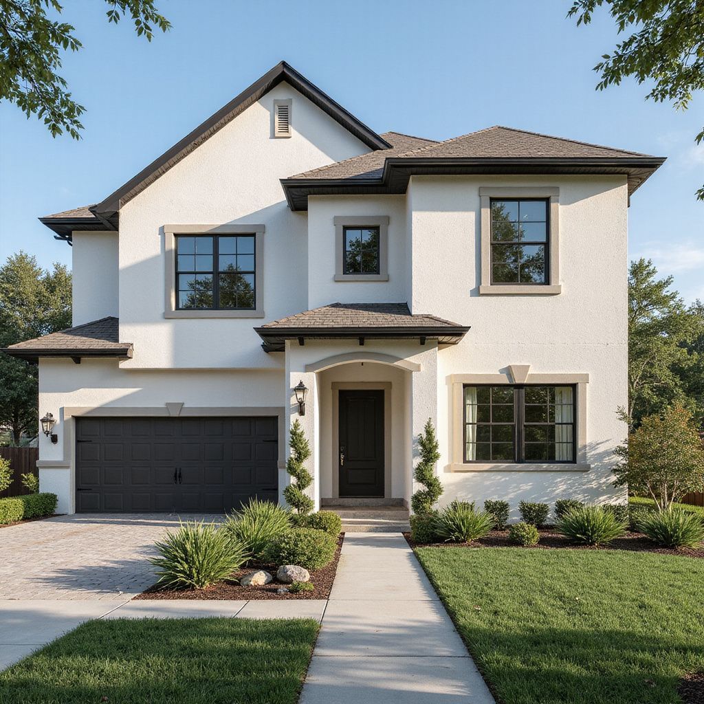 Two-story stucco house with black windows and garage. Pathway leads to black front door. Green lawn, blue sky.