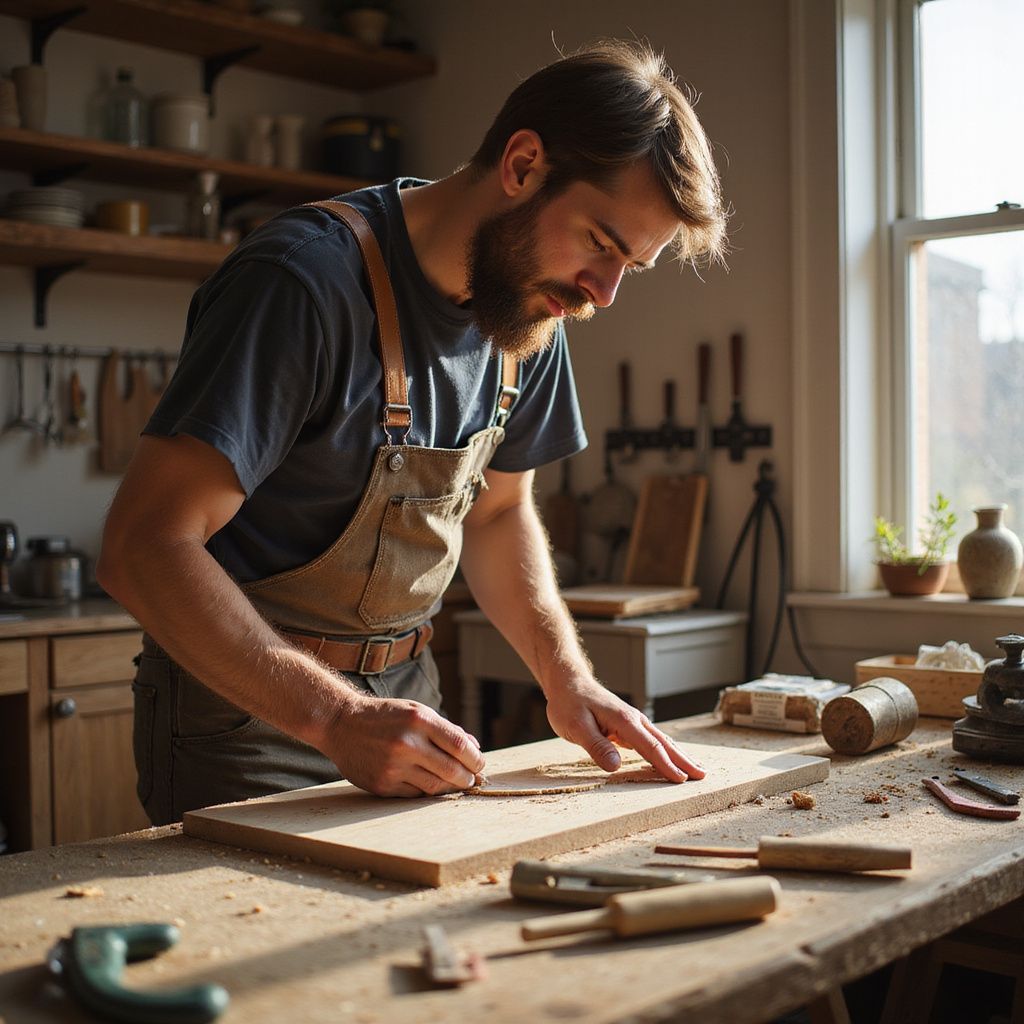 Man in apron using tools on a wood plank in a workshop with sunlight coming in.