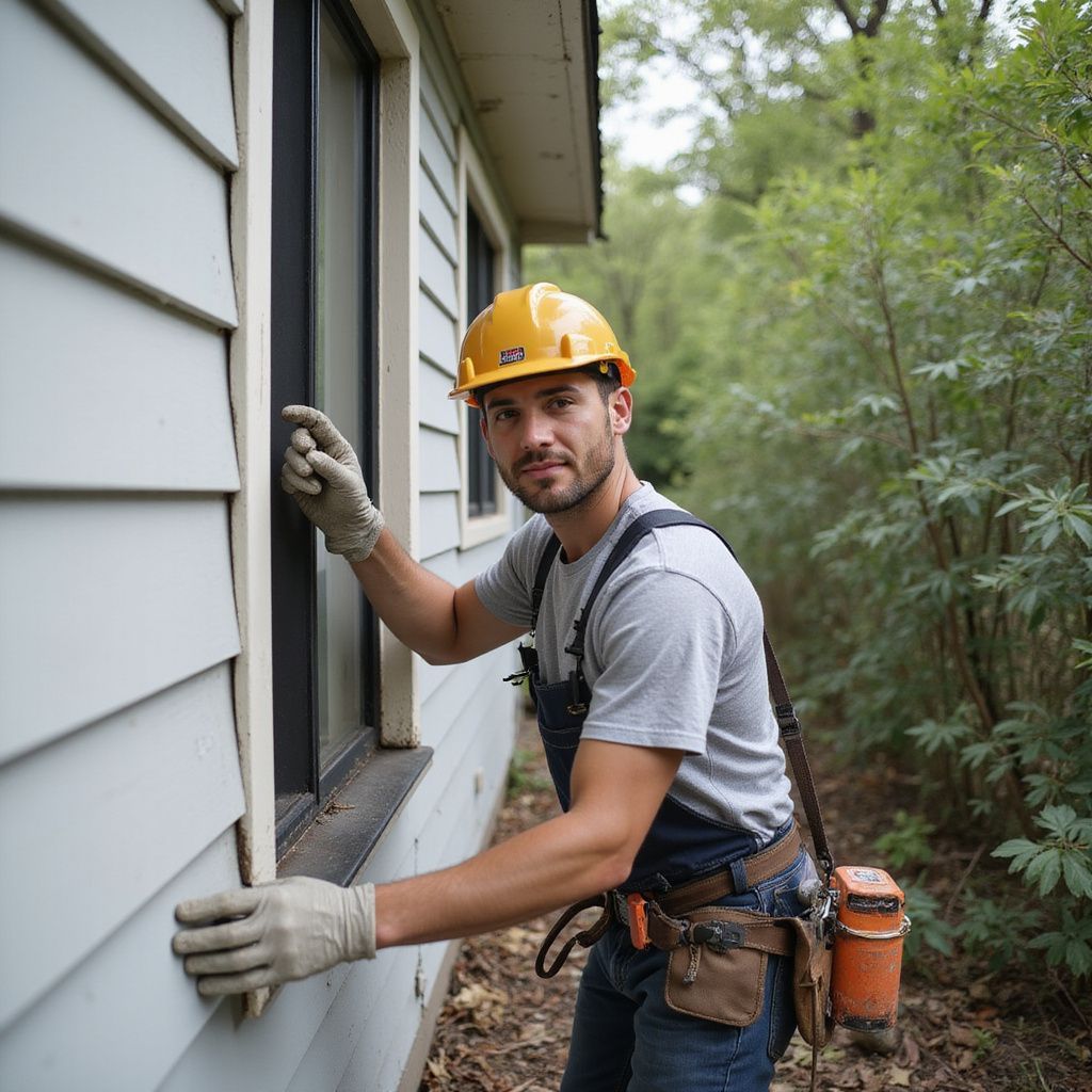 Construction worker installing window trim on a house, wearing safety gear.