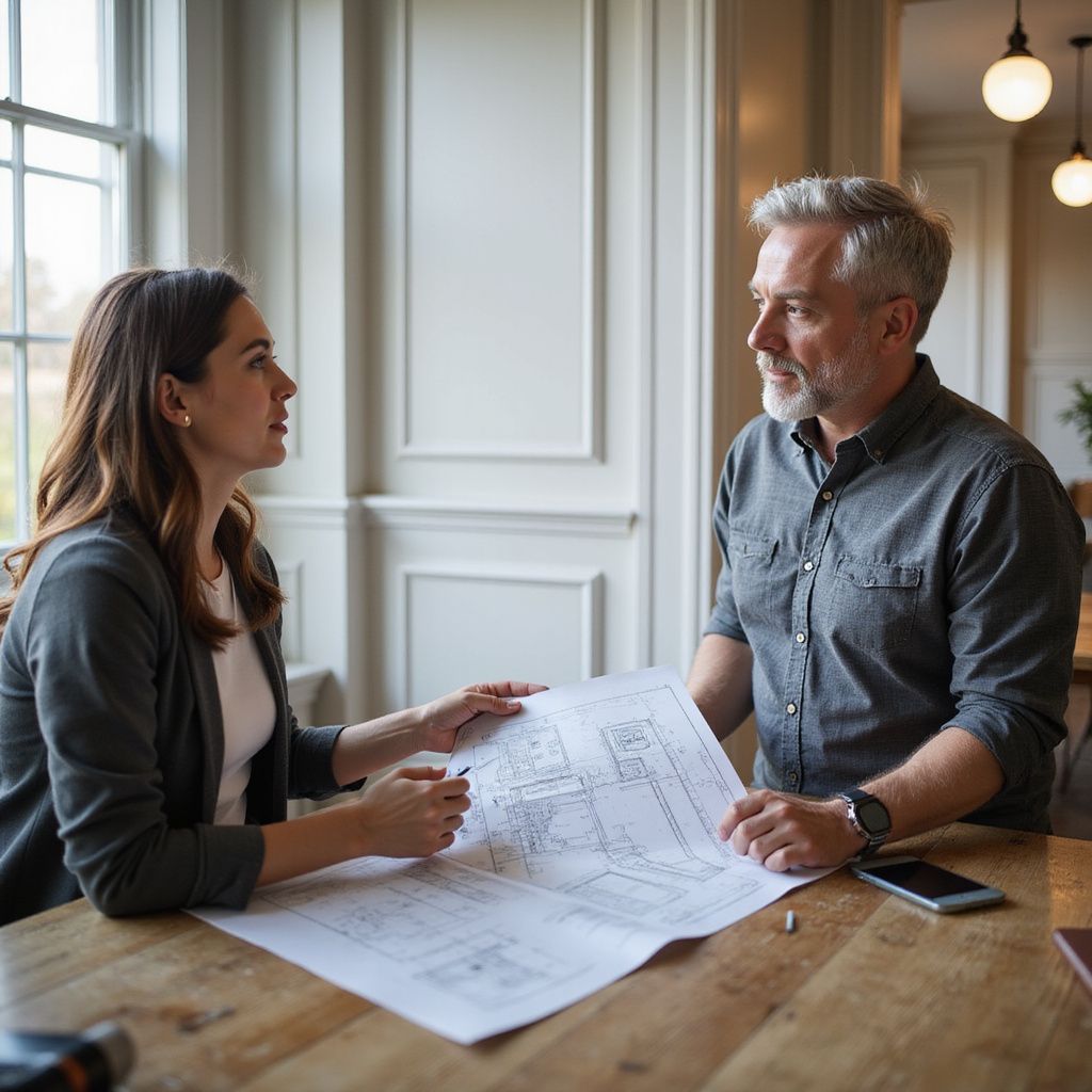 Woman and man reviewing blueprints at a wooden table. Window and lights in background.