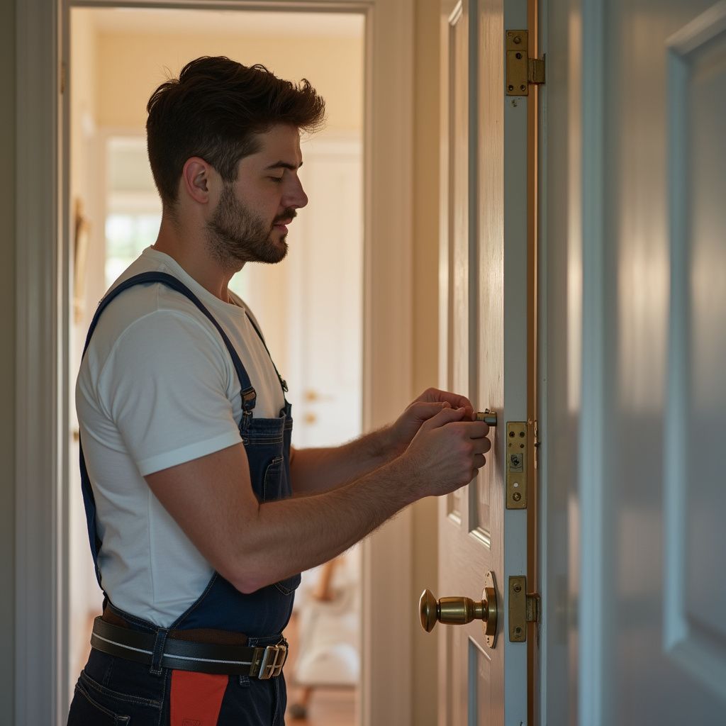 A person wearing overalls, working on a door lock.