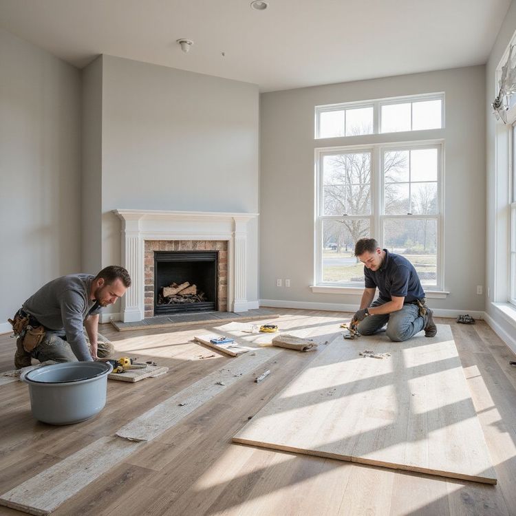 Two workers installing wood flooring in a bright room with a fireplace and windows.