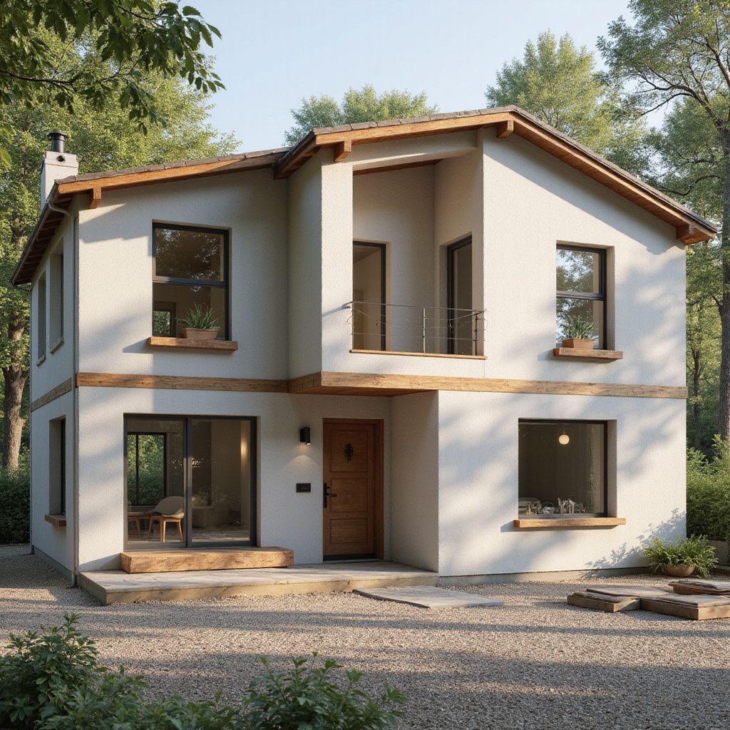 Two-story modern house with light stucco walls, wooden accents, and a small front porch, surrounded by trees.