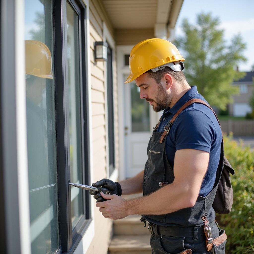 Construction worker in yellow hard hat using a tool on a window, outside a house.
