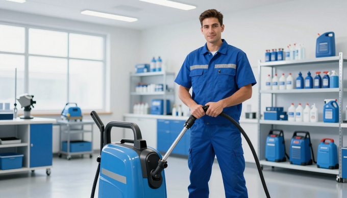 Un conserje con uniforme azul maneja una pulidora de pisos en un cuarto de suministros de limpieza bien iluminado.