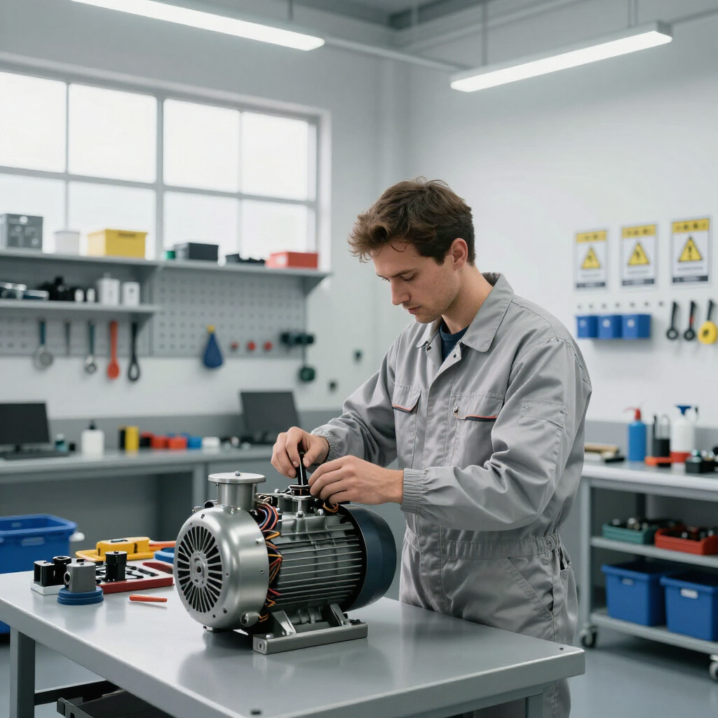 Técnico reparando un motor eléctrico en un banco de trabajo en un taller bien iluminado.