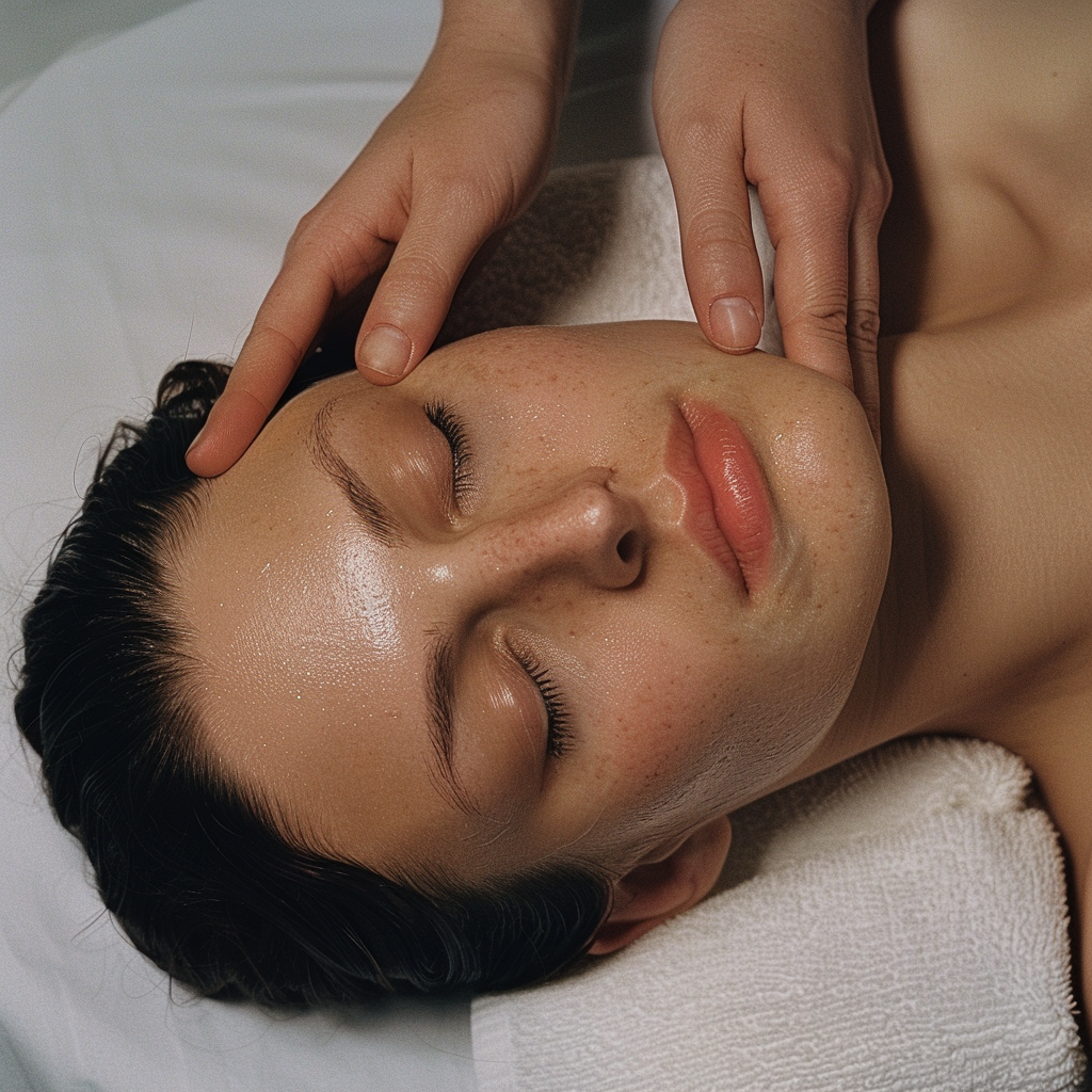 Woman receiving facial massage; hands on forehead and cheek, eyes closed, lying on white towel.