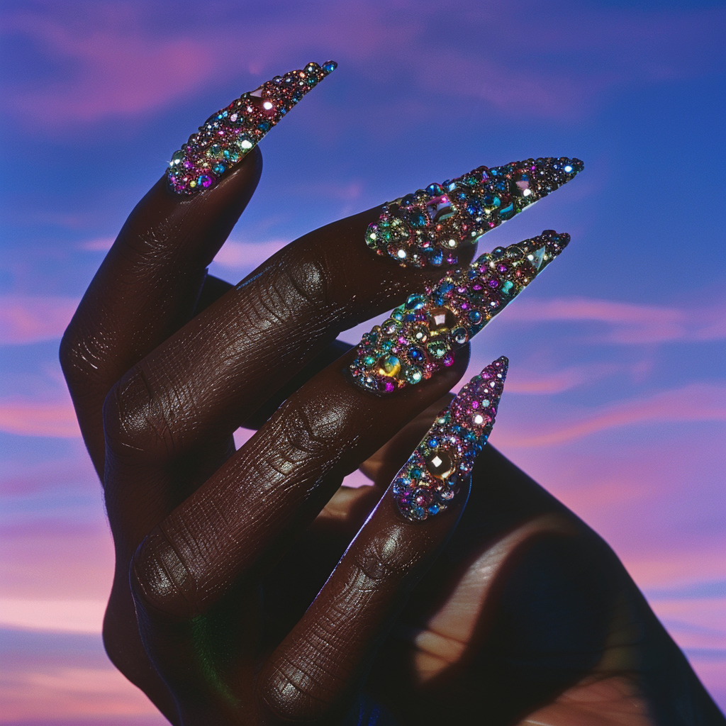 Hand with long, sparkling, gem-covered nails against a sunset sky.
