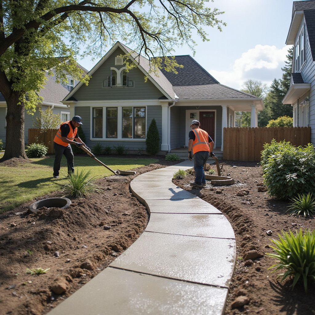 Two workers in orange vests lay a concrete walkway in front of a gray house.