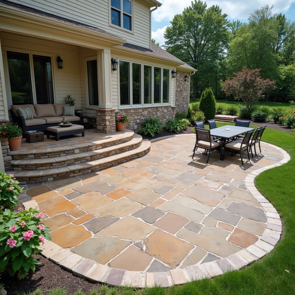 Patio with stone pavers and outdoor dining set, next to a house with a grassy lawn.