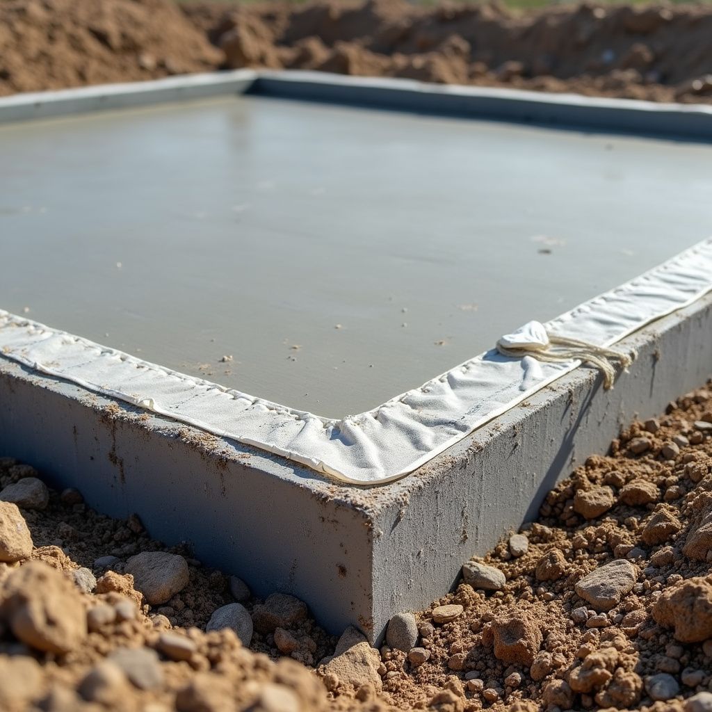 Freshly poured concrete foundation in a dirt setting. White foam corner protection visible.