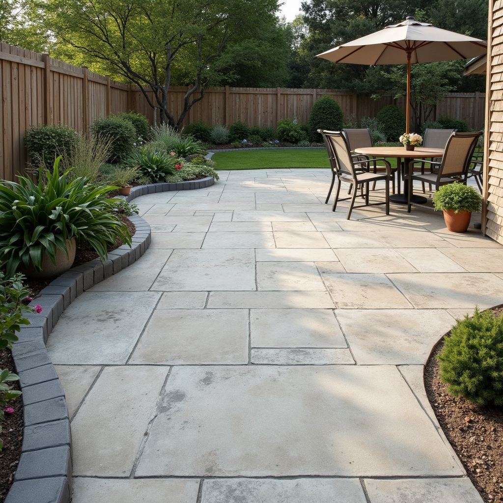 Stone patio with table and chairs under an umbrella, surrounded by plants and a wooden fence.
