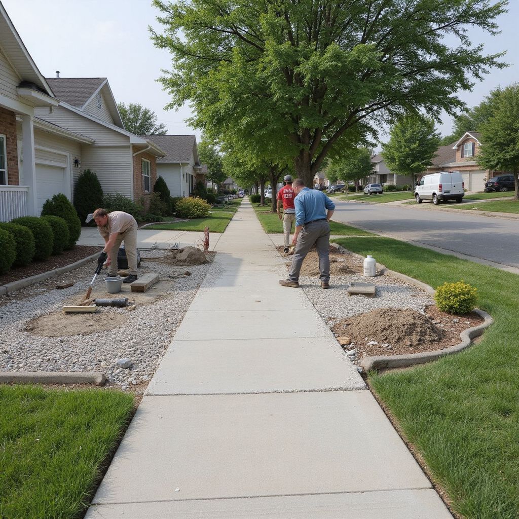 Workers installing landscaping along a sidewalk in a residential neighborhood.