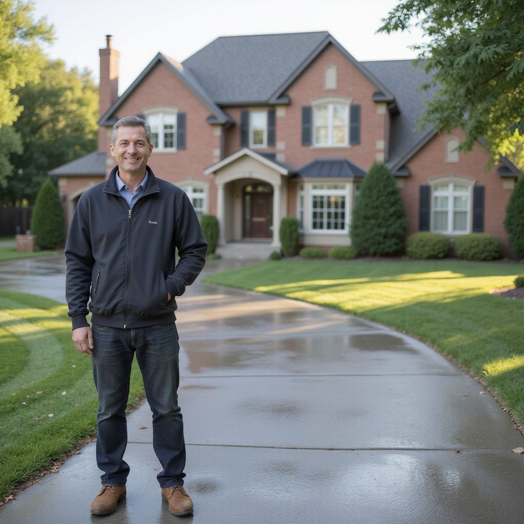 Man standing in front of a brick house with a paved driveway, wearing a jacket and jeans.